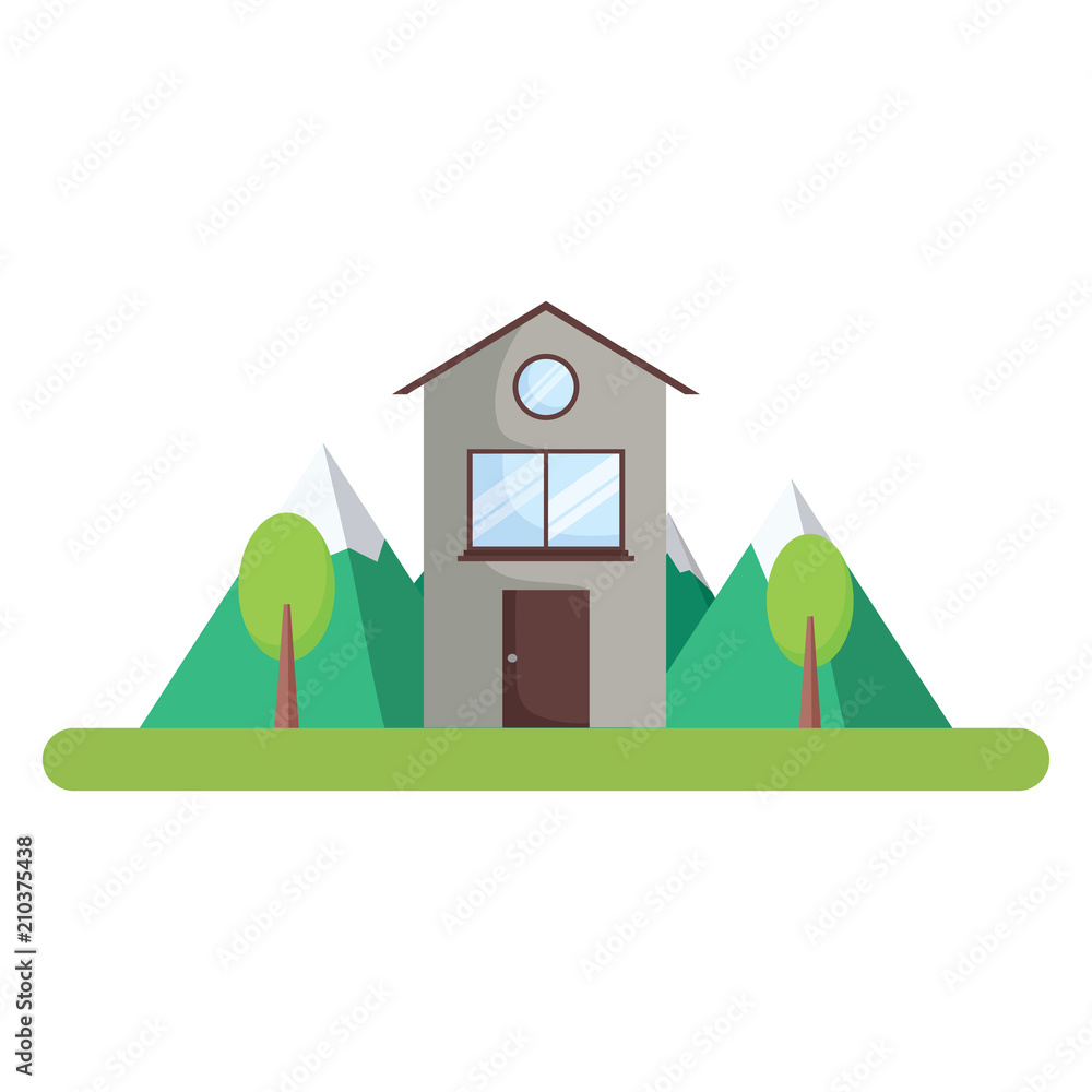 house and trees over landscape and white background, colorful design. vector illustration house and trees over landscape and white background, colorful design. vector illustration