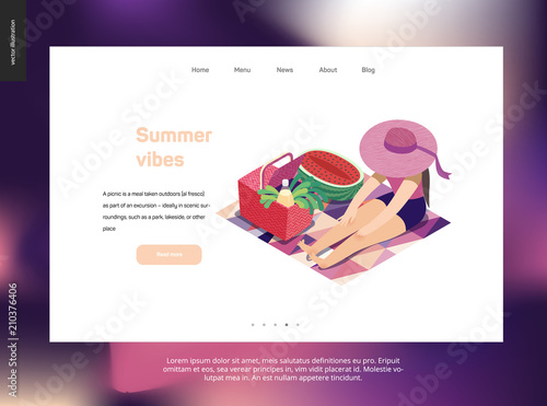 Picnic template - flat cartoon vector illustration of girl sitting in the grass with a ribbon sun hat, picnic wicker basket, lemonade bottle, white wine, greenery salad, watermelon - summer postcard