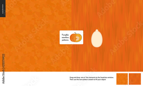 Food patterns, vegetable, flat vector illustration - pumpkin texture - small cut pumpkin, seed image and two seamless patterns of uneven pumpkin fresh pulp and dark orange geometrical rind