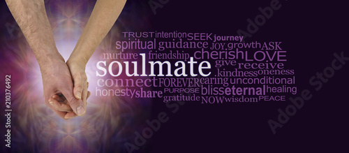 Soulmates Hand in Hand Word Cloud - mature male and female  hands holding with the word SOULMATE surrounded by a relevant word cloud on a pink and purple background
