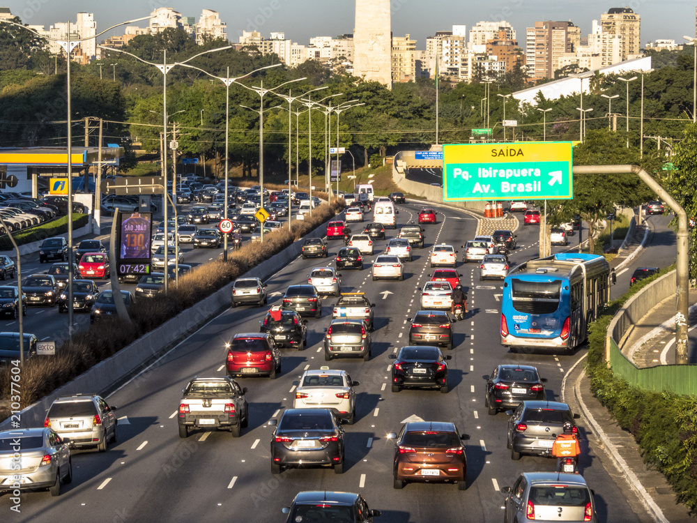 Sao Paulo, SP, Brazil, June 12, 2018. Traffic jam on 23 de Maio avenue, both directions, south of Sao Paulo,