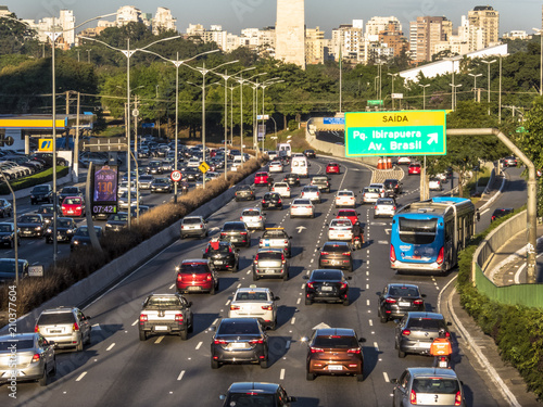 Sao Paulo, SP, Brazil, June 12, 2018. Traffic jam on 23 de Maio avenue, both directions, south of Sao Paulo,