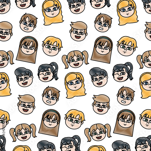 doodle happy children heads wth hairstyle background