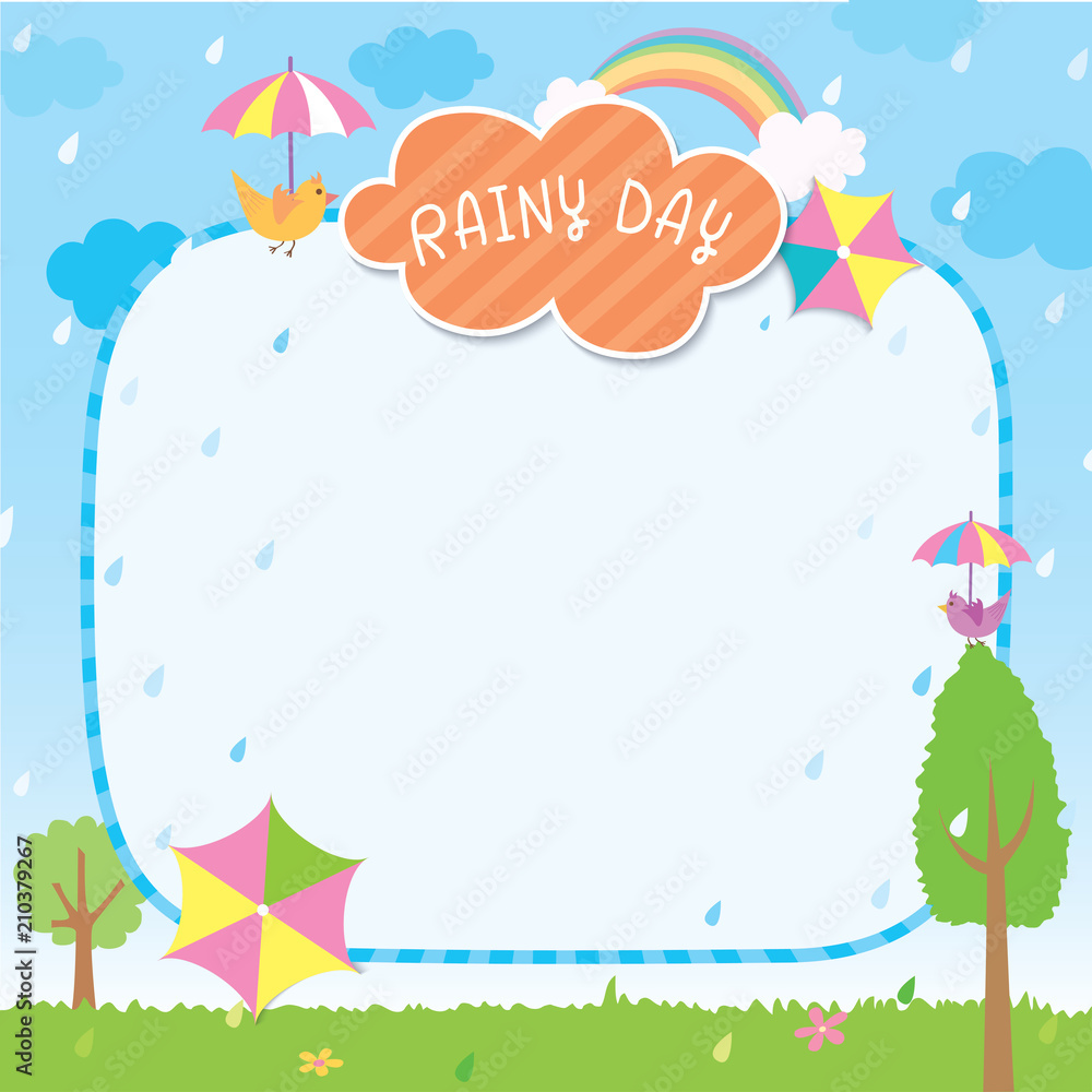 Illustration vector of Rainy day background design with rainbow umbrellas and birds for template frame. Illustration vector of Rainy day background design with rainbow umbrellas and birds for template frame.