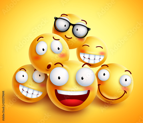 Smileys face vector design with group of cheerful happy friends of funny smileys with facial expressions in yellow background. Vector illustration.
