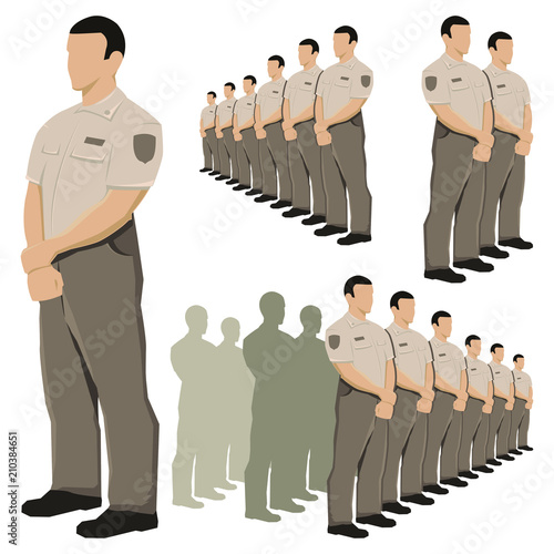 Police security guard vector set with khaki brown uniform