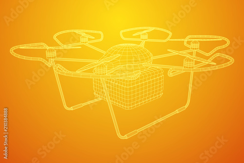 Remote control air drone. Dron flying with cargo box. Wireframe low poly mesh vector illustration