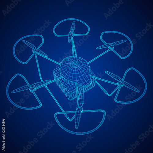 Remote control air drone. Dron flying with cargo box. Wireframe low poly mesh vector illustration