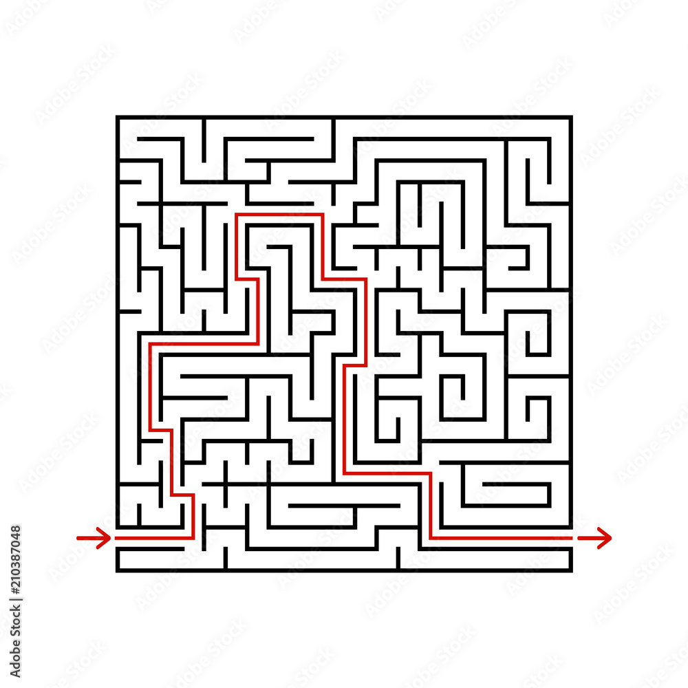 Black square maze with entrance and exit. A game for children and adults. Simple flat vector illustration isolated on white background. With the answer. Black square maze with entrance and exit. A game for children and adults. Simple flat vector illustration isolated on white background. With the answer.