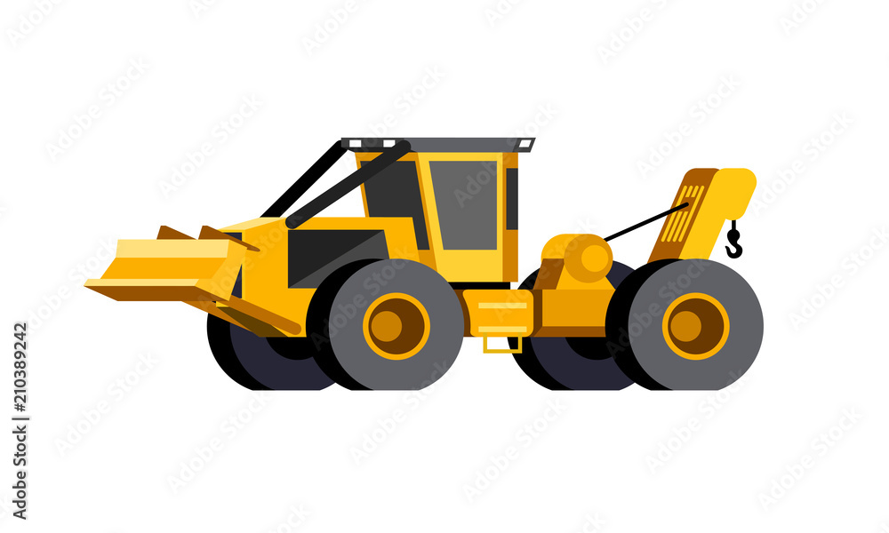 Minimalistic icon wheeled cable skidder front side view. Cable skidder vehicle. Modern vector isolated illustration.