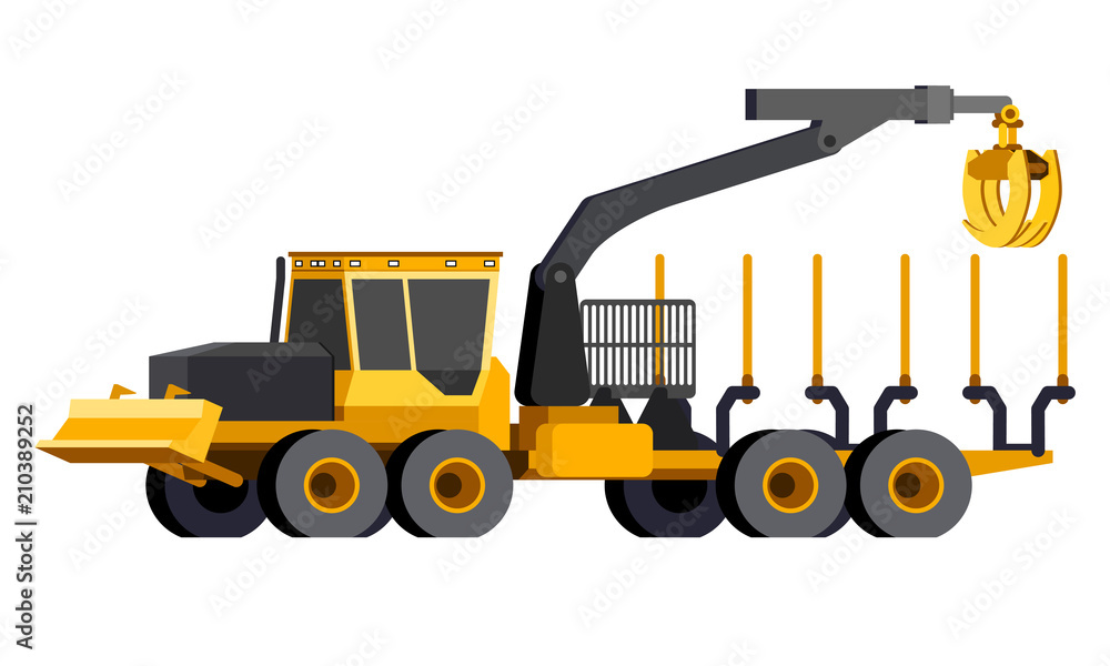 Minimalistic icon log forwarder front side view. Log crane vehicle. Modern vector isolated illustration. Minimalistic icon log forwarder front side view. Log crane vehicle. Modern vector isolated illustration.