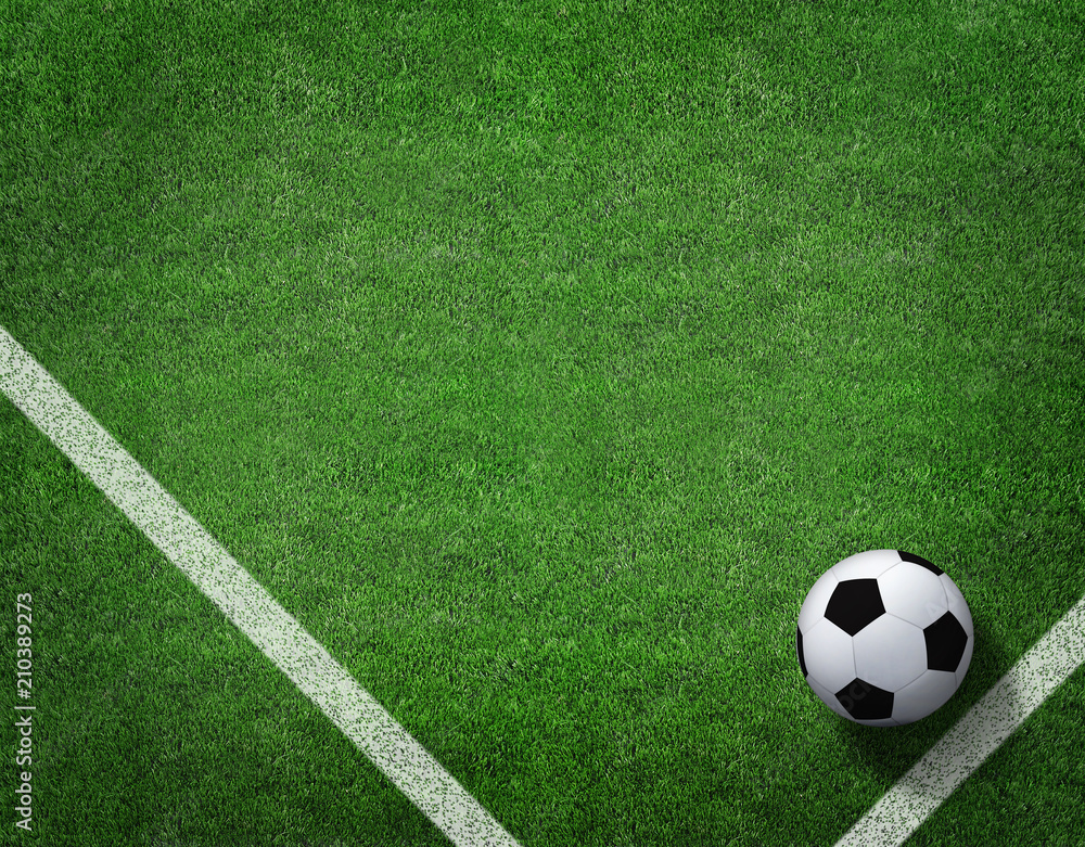 3d rendering of soccer ball with line on soccer field.