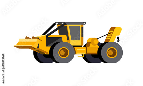 Minimalistic icon wheeled cable skidder front side view. Cable skidder vehicle. Modern vector isolated illustration.