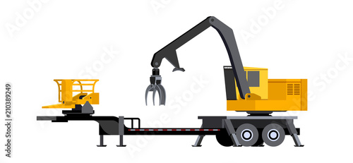 Log loader with delimber and bar saw slasher front side view. Log loader vehicle for worknig at forest area for delimbing, cutting and sorting wood pile. Vector isolated illustration.