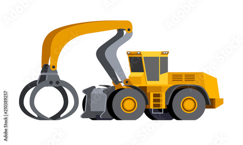 Minimalistic icon log handler front side view. Log handler high-lift vehicle for working at saw mill or lumber yard. Modern vector isolated illustration.