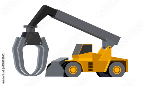 Minimalistic icon log stacker front side view. Heavy weight loader vehicle for working at saw mill or lumber yard. Modern vector isolated illustration.