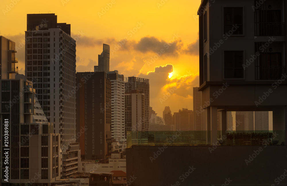 cityscape of sunrise morning with building top view