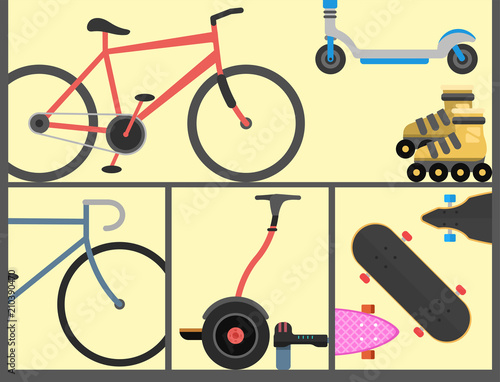 Active city transport eco alternative energy bike scooter one and two-wheeled mobility electro vehicle vector.