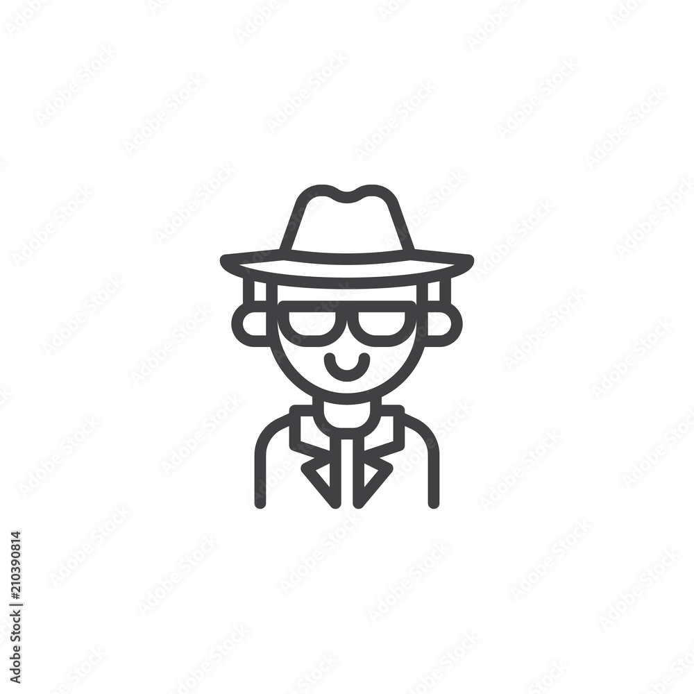 Detective man outline icon. linear style sign for mobile concept and web design. Spy agent simple line vector icon. Symbol, logo illustration. Pixel perfect vector graphics Detective man outline icon. linear style sign for mobile concept and web design. Spy agent simple line vector icon. Symbol, logo illustration. Pixel perfect vector graphics