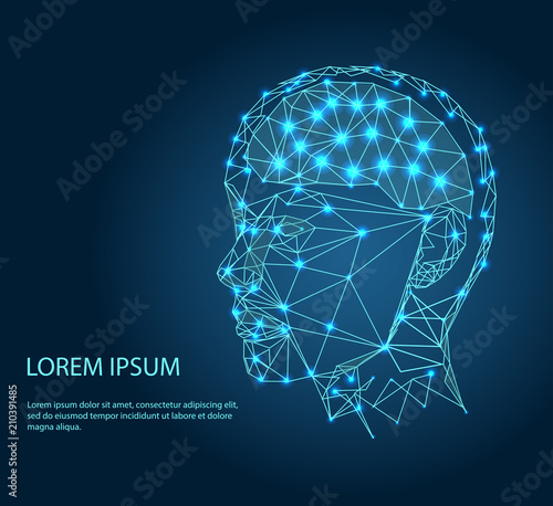 Human head with the brain inside. Abstract image of a starry sky or space, consisting of points, lines, and shapes in the form of planets, stars and the universe. Low poly vector