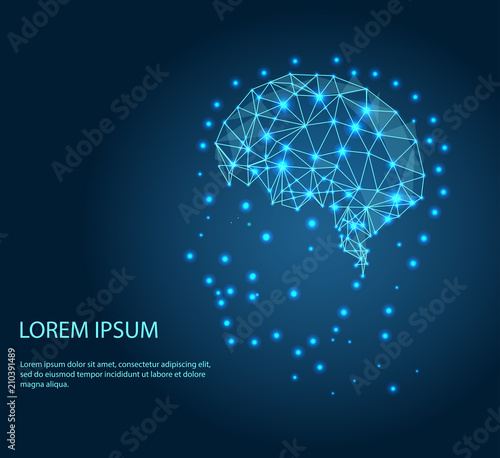 Human head with the brain inside. Abstract image of a starry sky or space, consisting of points, lines, and shapes in the form of planets, stars and the universe. Low poly vector