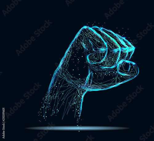 Abstract image of a fist. Abstract image of a starry sky or space, consisting of points, lines, and shapes in the form of planets, stars and the universe. Low poly vector