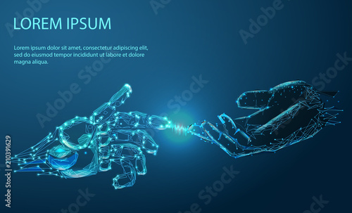 Robot arm and hand human, touch. Abstract image of a starry sky or space, consisting of points, lines, and shapes in the form of planets, stars and the universe. Low poly vector