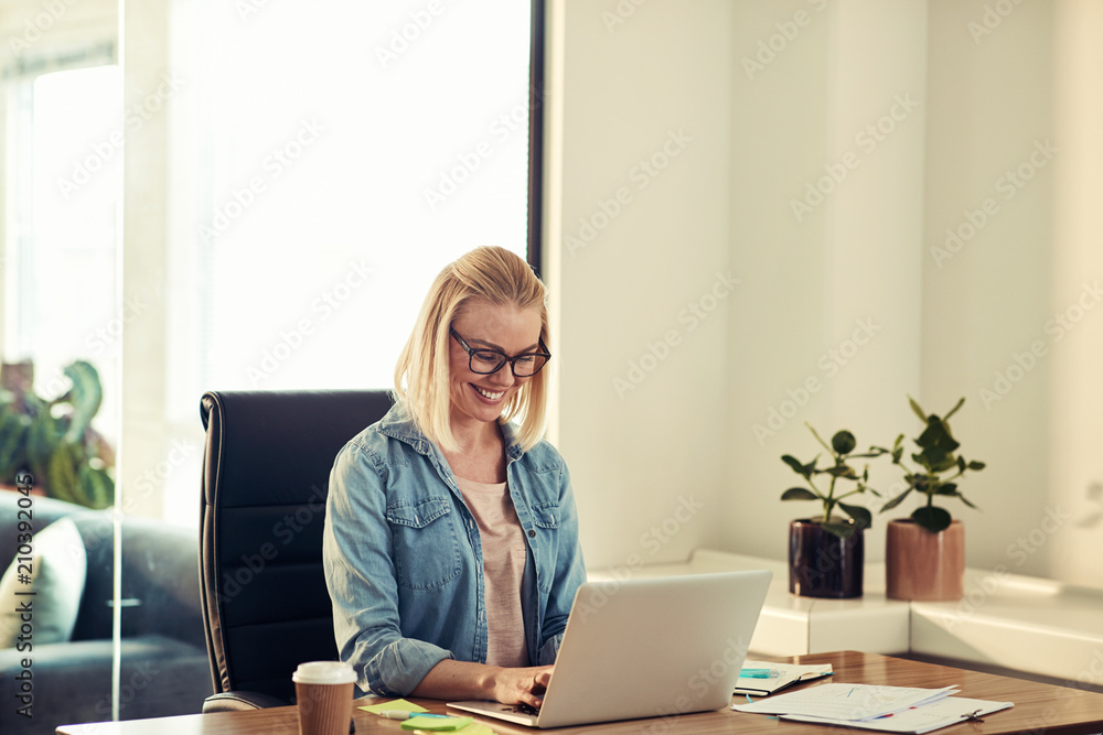Smiling young businesswoman sitting at her desk working online Smiling young businesswoman sitting at her desk working online