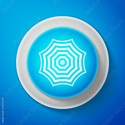 White Sun protective umbrella fo beach icon isolated on blue background. Large parasol for outdoor space. Beach umbrella. Summer vacation or picnic accessory. Circle blue button. Vector Illustration