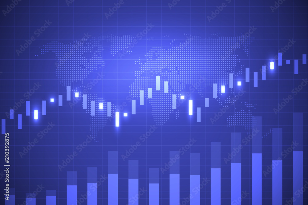 Business chart with uptrend line graph, bar chart and stock market on blue color background Business chart with uptrend line graph, bar chart and stock market on blue color background