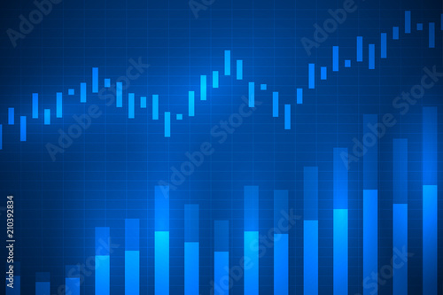 Business chart with uptrend line graph, bar chart and stock market on blue color background