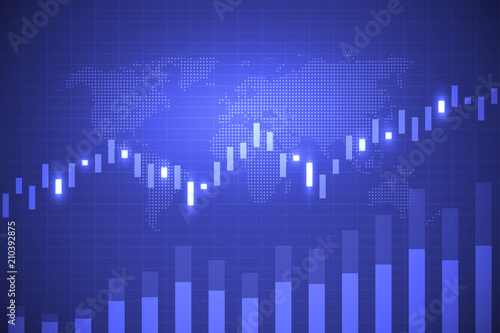 Business chart with uptrend line graph, bar chart and stock market on blue color background