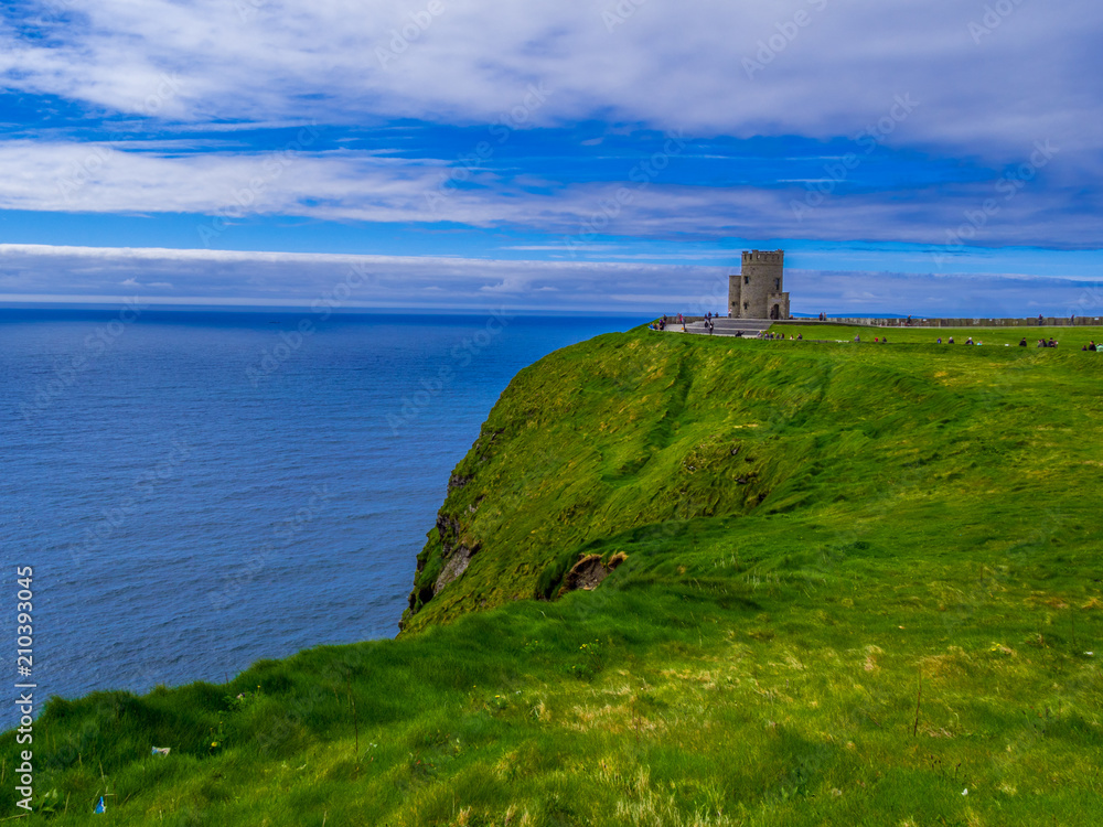 The green grass and nature at the Cliffs of Moher in Ireland