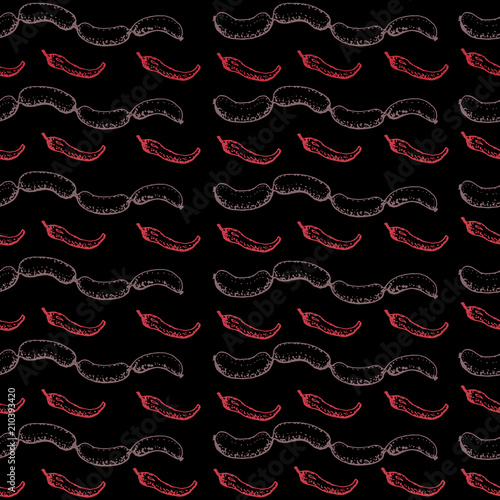 Seamless pattern with sausage. Food. Hand drawn Meat products on a white background:  smoked sausages, baked meatloaf, frankfurters. Background for textile, fabric, restaurant, meat shop.