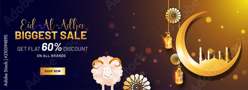 Eid-Al-Adha, Islamic festival of sacrifice,  sale with sheep, traditional lanterns, golden crescent moon and mosque. 60% discount offers.
