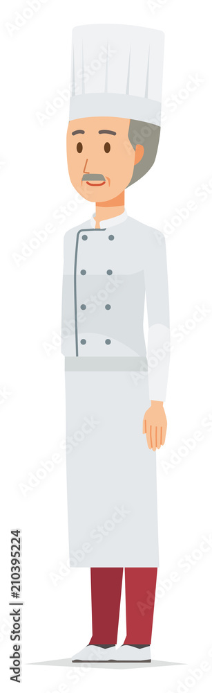 An elderly male chef wearing a cook coat is standing obliquely An elderly male chef wearing a cook coat is standing obliquely