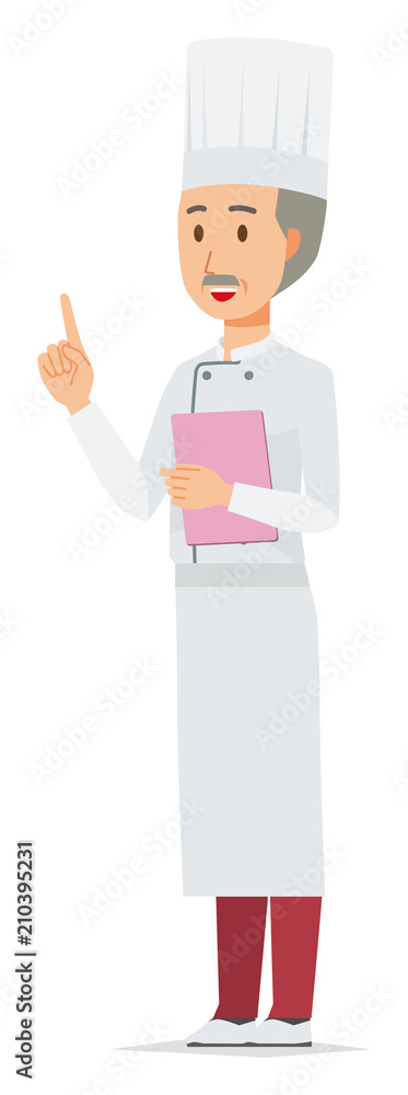 An elderly male chef wearing a cook coat has vegetables An elderly male chef wearing a cook coat has vegetables
