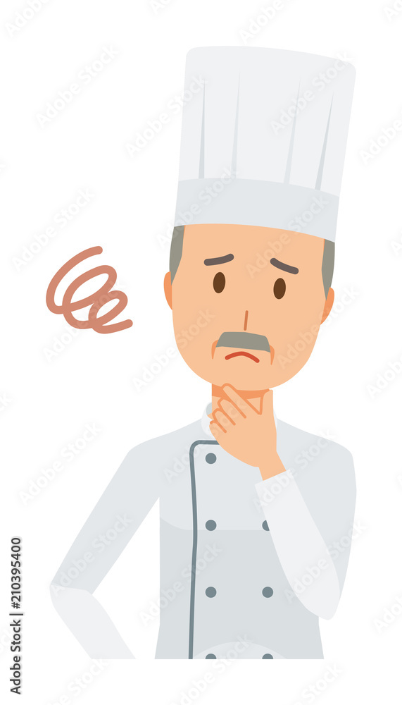 An elderly male chef wearing a cook coat is in trouble An elderly male chef wearing a cook coat is in trouble