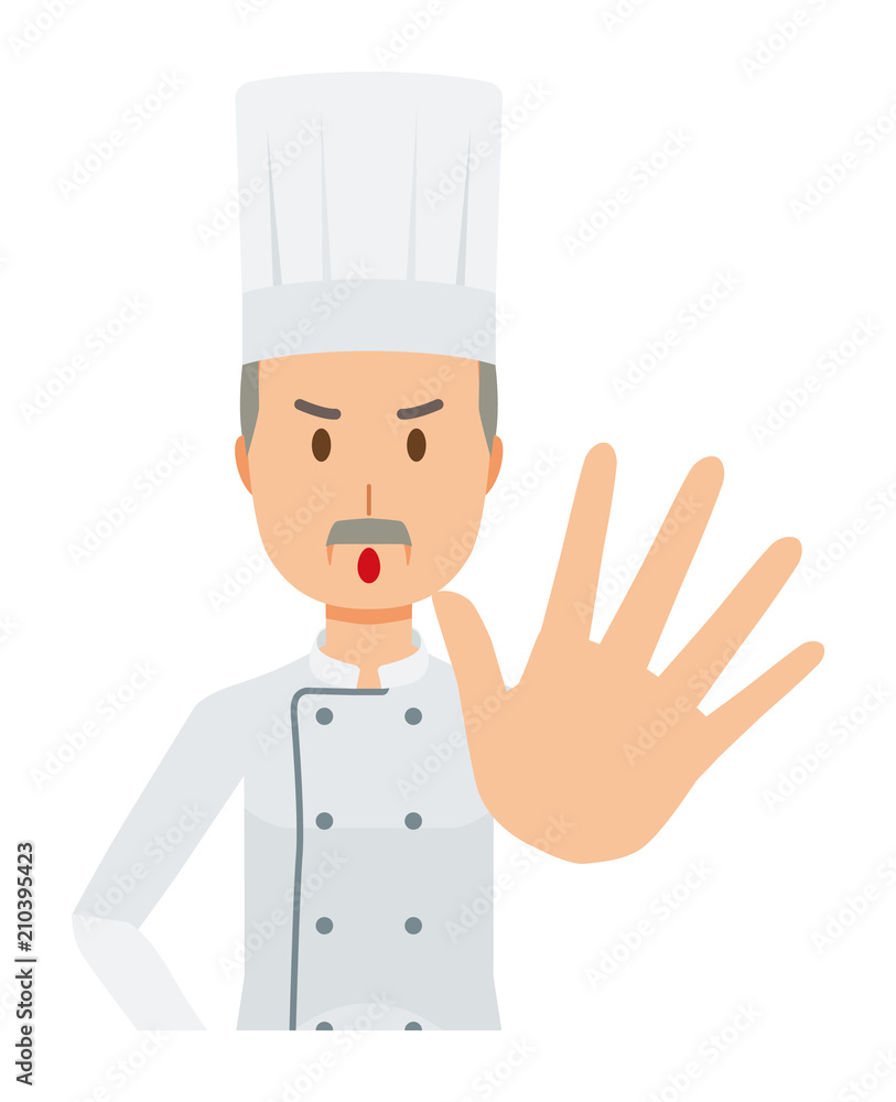 An elderly male chef wearing a cook coat is stop gesture An elderly male chef wearing a cook coat is stop gesture
