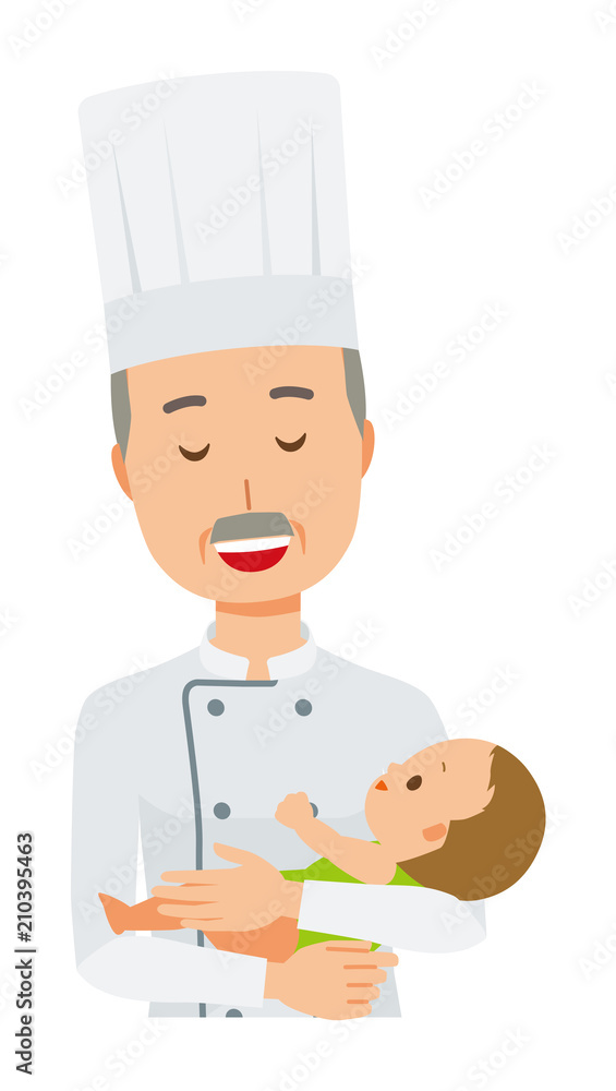 An elderly male chef wearing a cook coat holds a baby in his arm An elderly male chef wearing a cook coat holds a baby in his arm