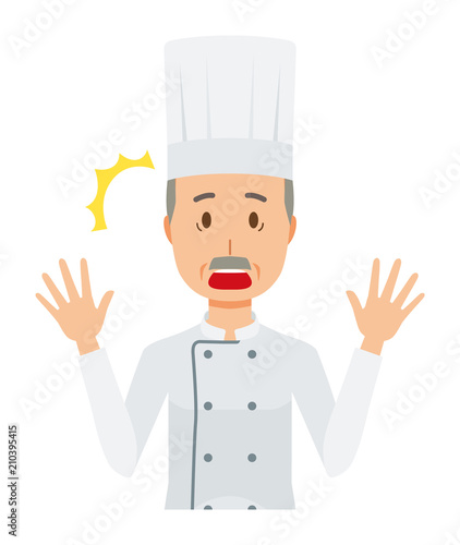 An elderly male chef wearing a cook coat is surprised
