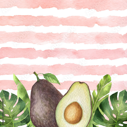 Watercolor vector banner tropical leaves and avocado isolated on the background of stripes.