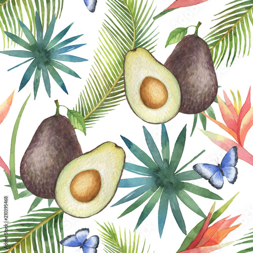 Watercolor vector seamless pattern of avocado and palm trees isolated on white background.