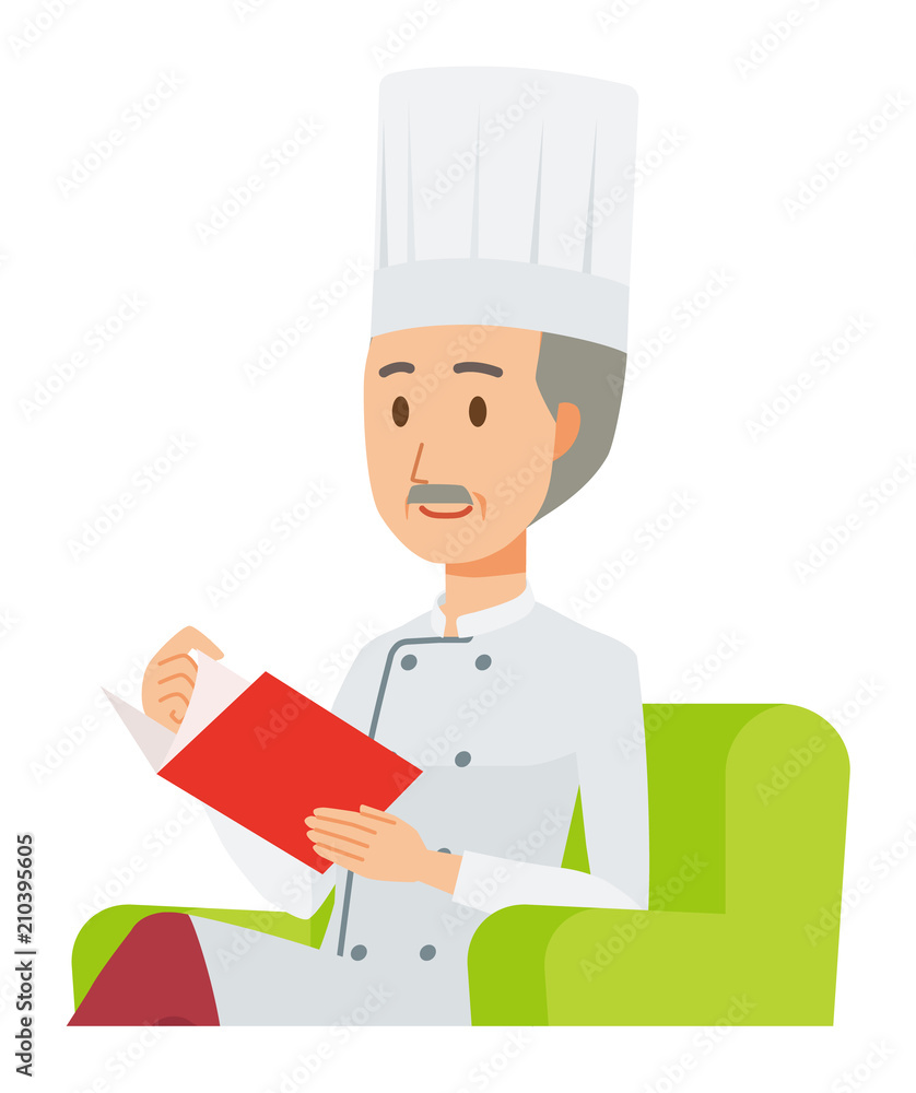 An elderly male chef wearing a cook coat is reading on a sofa An elderly male chef wearing a cook coat is reading on a sofa