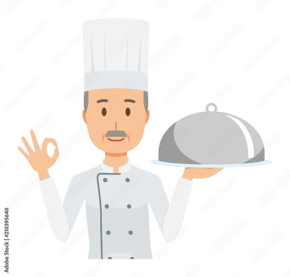An elderly male chef wearing a cook coat has the dish which he cooked An elderly male chef wearing a cook coat has the dish which he cooked