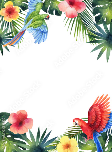 Watercolor vector card with red parrot, tropical leaves and flowers isolated on white background.