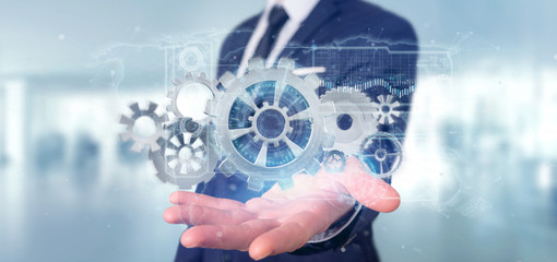 Man holding a technology gear wheel interface3d rendering