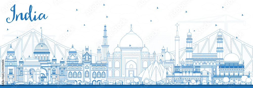 Outline India City Skyline with Blue Buildings.
