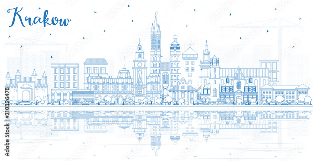 Outline Krakow Poland City Skyline with Blue Buildings and Reflections.