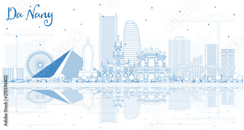 Outline Da Nang Vietnam City Skyline with Blue Buildings and Reflections.